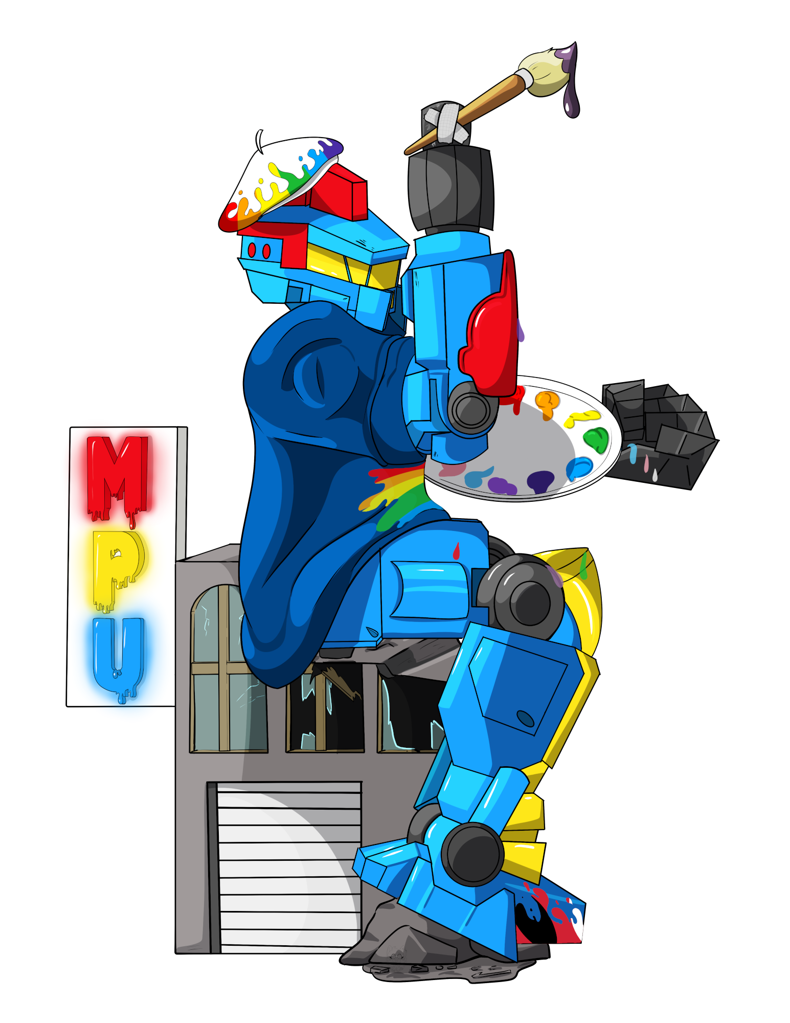 a blue Centurion with red and yellow highlights sitting on a building while holding a paintbrush