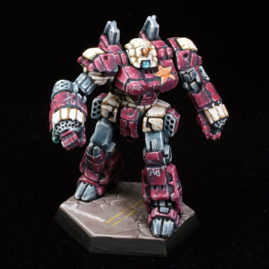 a Crusader miniature painted in pink with white accents