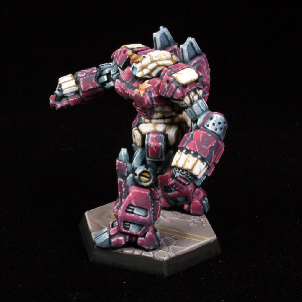 a Crusader miniature painted in pink with white accents