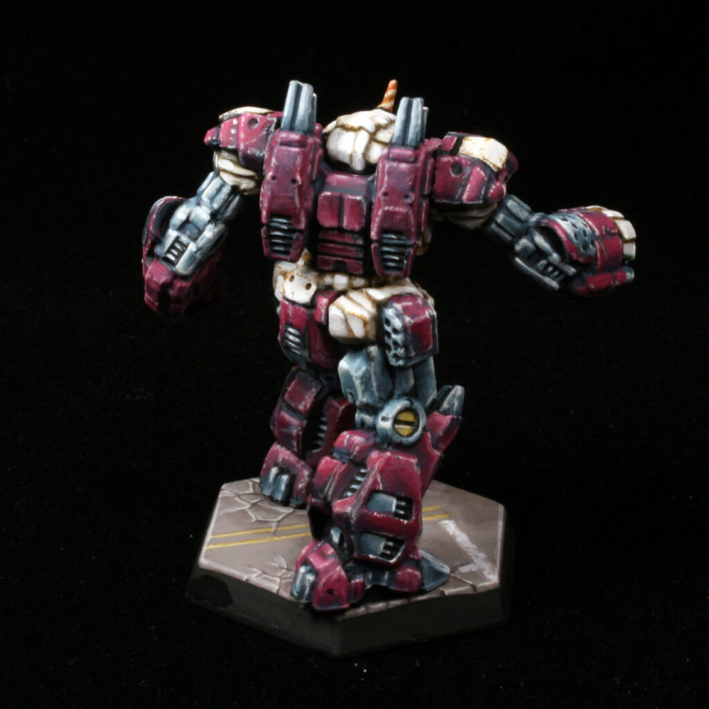 a Crusader miniature painted in pink with white accents