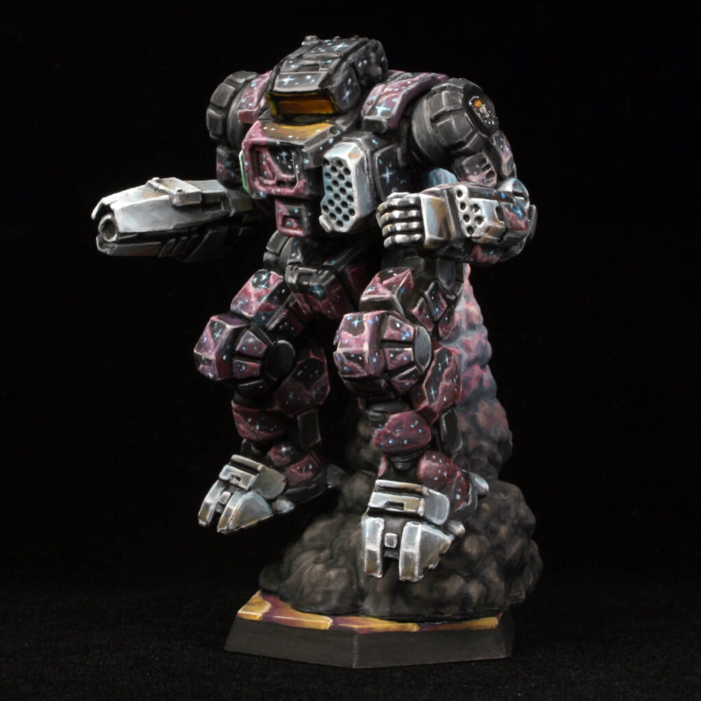 a jumping Highlander miniature painted with a black starfield and pink highlights