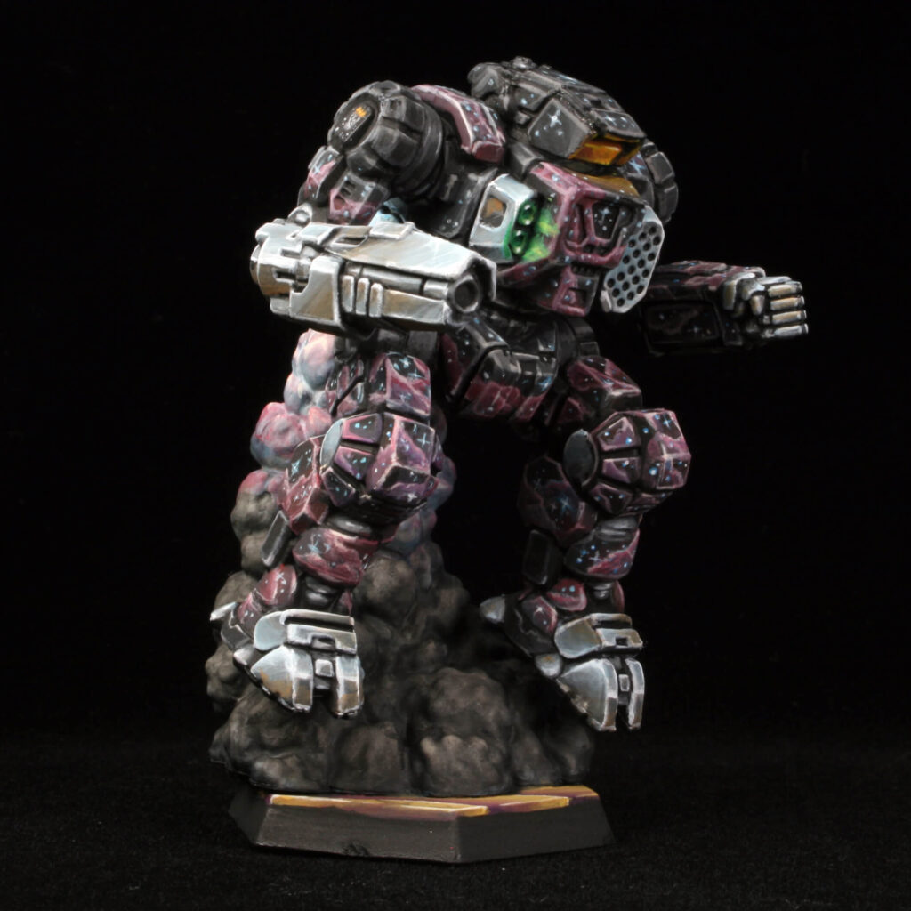 a jumping Highlander miniature painted with a black starfield and pink highlights