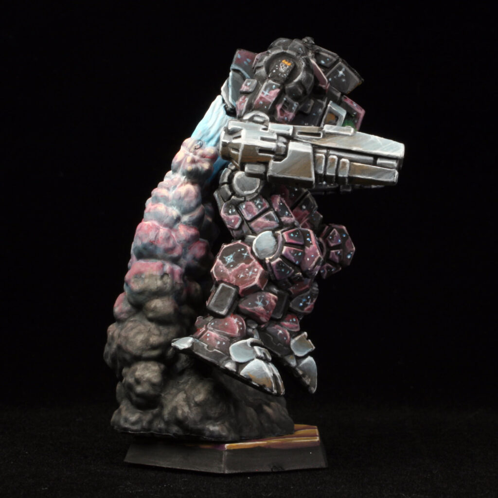 a jumping Highlander miniature painted with a black starfield and pink highlights
