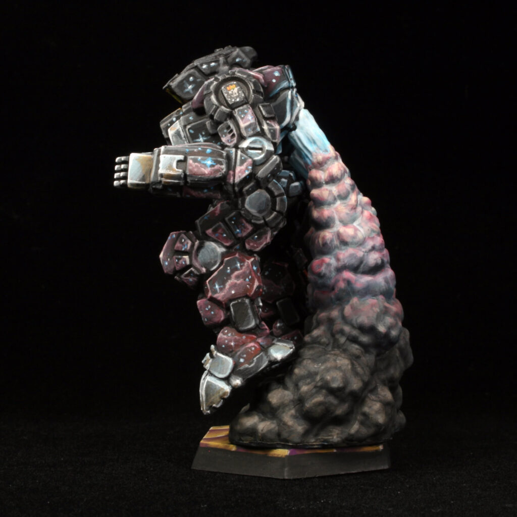 a jumping Highlander miniature painted with a black starfield and pink highlights
