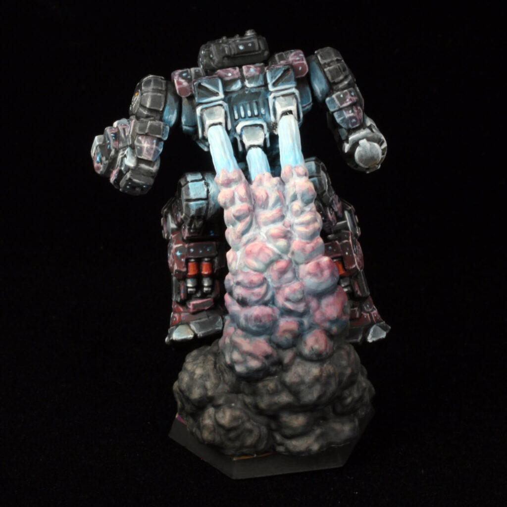 a jumping Highlander miniature painted with a black starfield and pink highlights