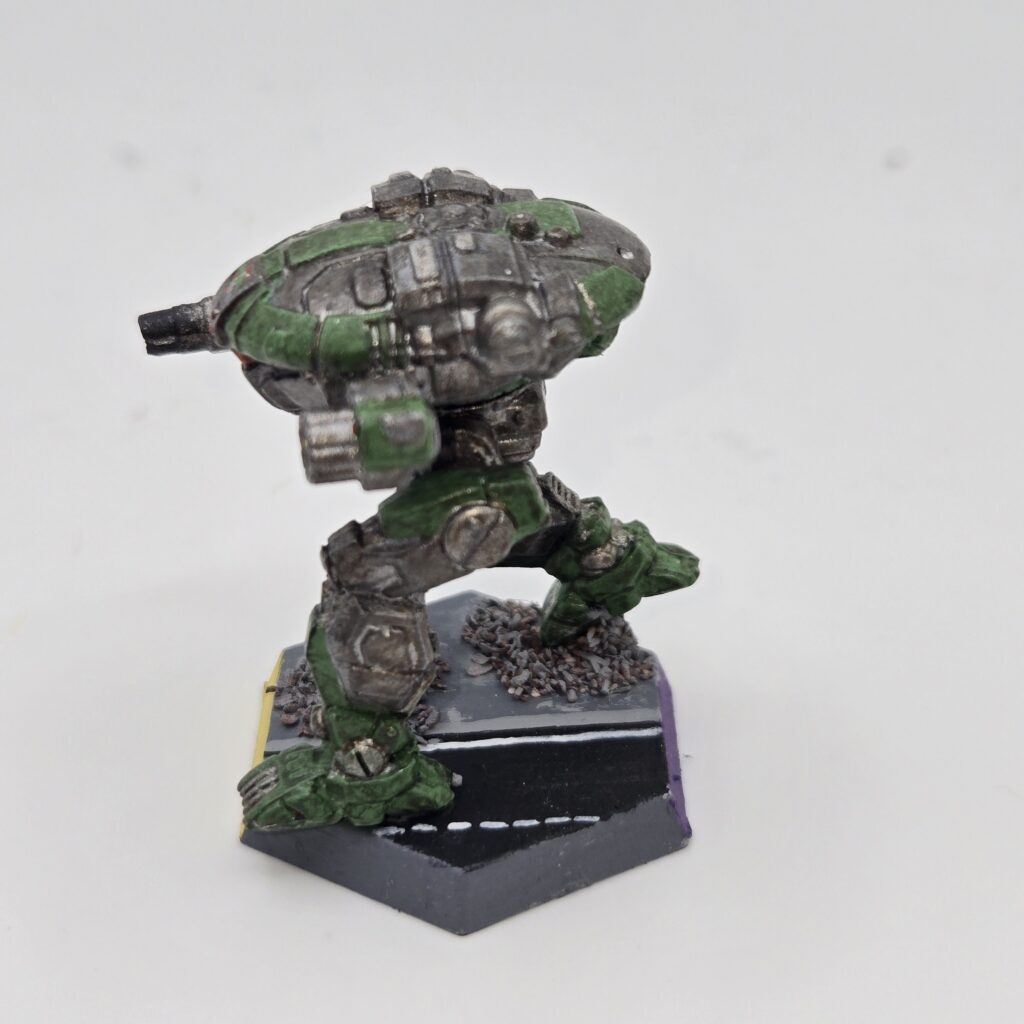 Hoplite miniature painted metallic grey with green accents