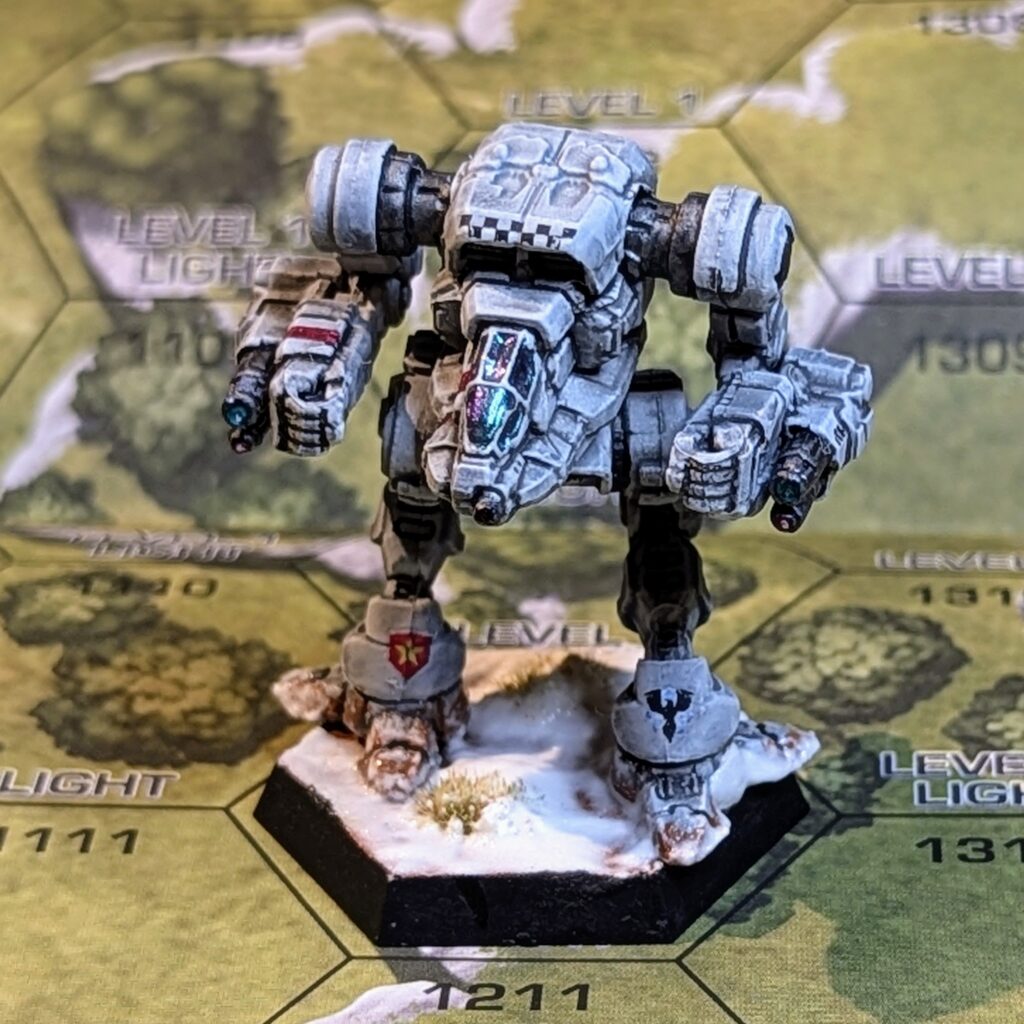 Stormcrow miniature painted white with red stripes