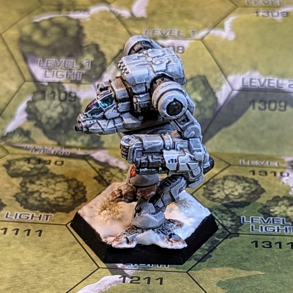 Stormcrow miniature painted white with red stripes
