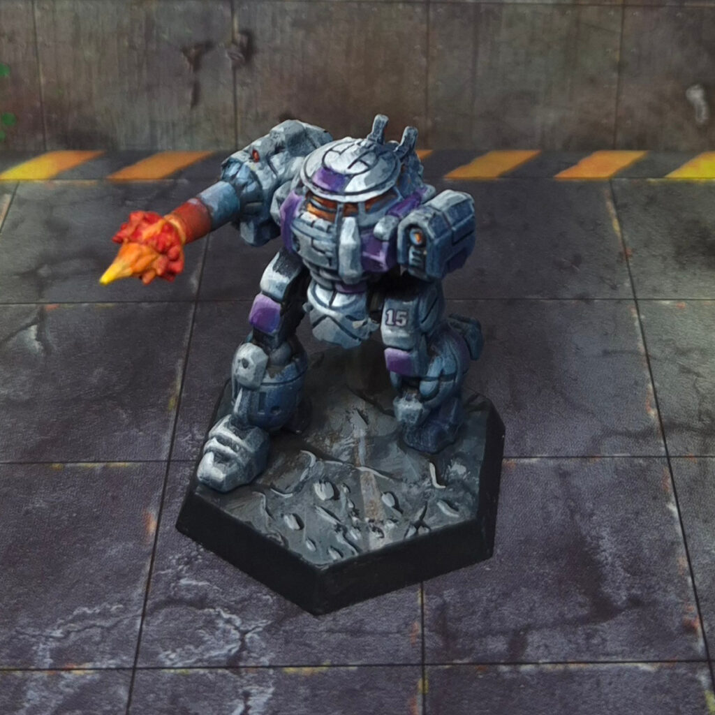 UrbanMech miniature painted white and purple