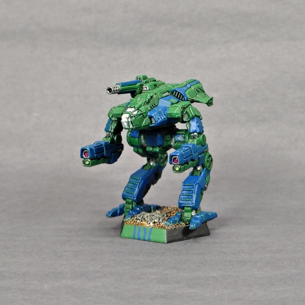 a Marauder II miniature painted green with blue accents