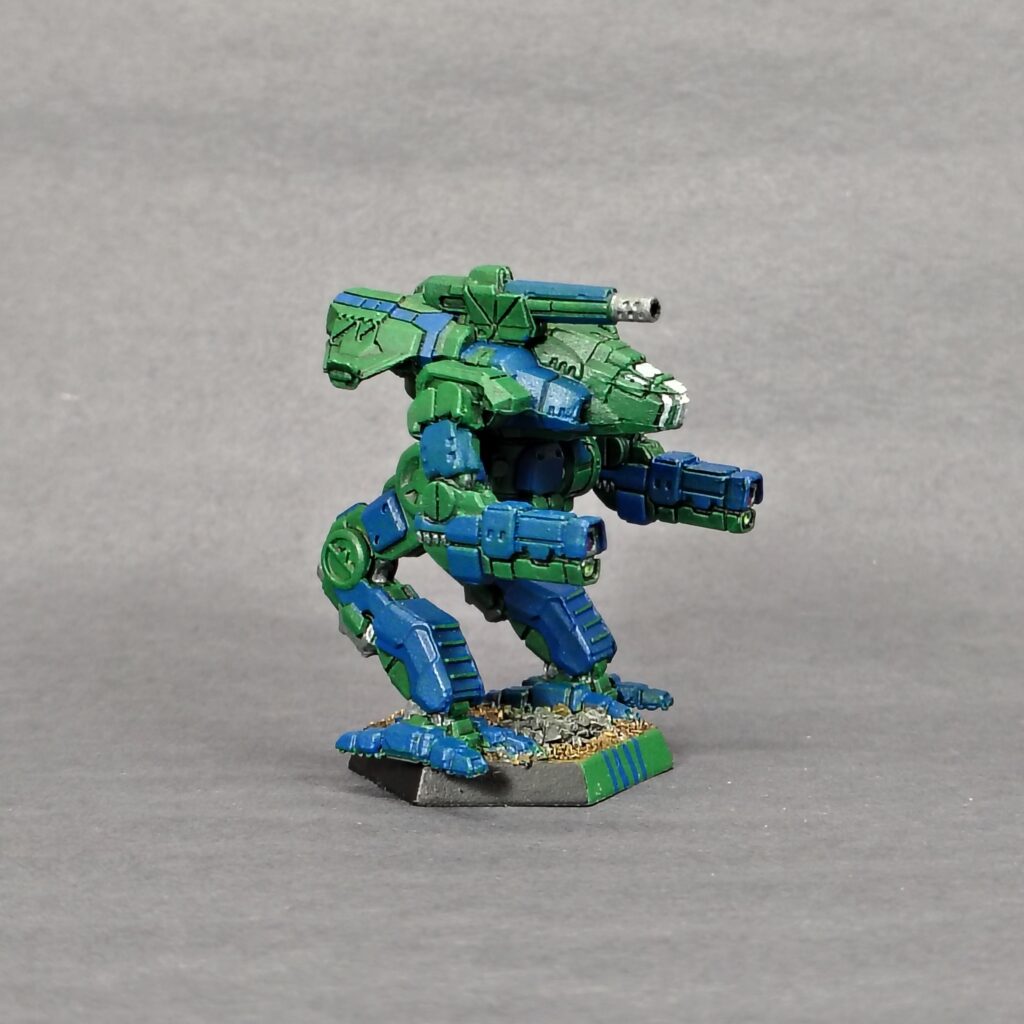 a Marauder II miniature painted green with blue accents